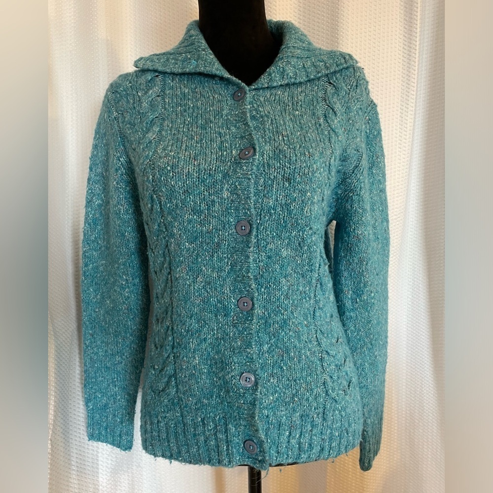 L.L. Bean turquoise blue wool  blend cardigan sweater size medium